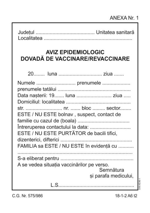 Aviz epidemiologic - dovada vaccinare A6 bloc